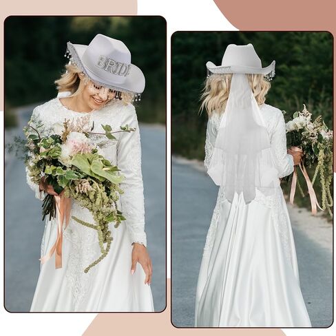 Toulite Wedding DIY Rhinestone Fringe Cowgirl Hat with Gauze White Cowboy Hat with Shinny 1 Yard Tassel and 26 A to Z Self Adhesive Pearl Alphabet Letter Patch for Men Women Cosplay Party Costume, in Saudi Arabia