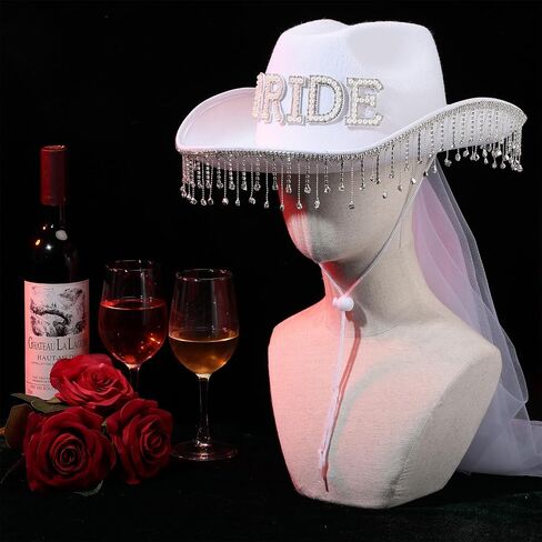 Toulite Wedding DIY Rhinestone Fringe Cowgirl Hat with Gauze White Cowboy Hat with Shinny 1 Yard Tassel and 26 A to Z Self Adhesive Pearl Alphabet Letter Patch for Men Women Cosplay Party Costume, in Saudi Arabia
