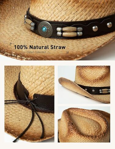 كومهاتس قبعات كاوبوي للنساء راعية البقر على الطراز الغربي قبعة شاطئ مستديرة من القش للسيدات قبعة فيدورا بحافة قابلة للتشكيل in Kuwait