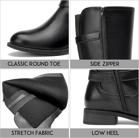 أحذية RELLSA النسائية ذات الكعب المنخفض للركبة ذات ثلاثة إبزيم وحزام بمقدمة مستديرة أحذية ركوب الخيل قابلة للتمدد أحذية شتوية عصرية in Kuwait