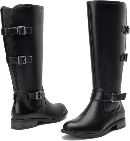 أحذية RELLSA النسائية ذات الكعب المنخفض للركبة ذات ثلاثة إبزيم وحزام بمقدمة مستديرة أحذية ركوب الخيل قابلة للتمدد أحذية شتوية عصرية in Kuwait