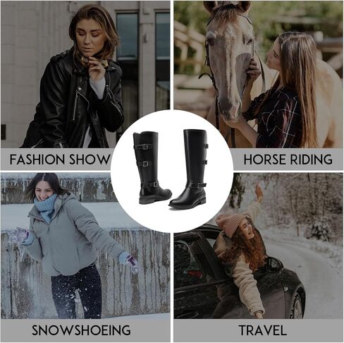 أحذية RELLSA النسائية ذات الكعب المنخفض للركبة ذات ثلاثة إبزيم وحزام بمقدمة مستديرة أحذية ركوب الخيل قابلة للتمدد أحذية شتوية عصرية in Kuwait