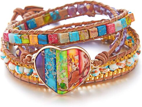 Xaena Boho Chic 7 Chakra Bead Wrap Bracelets for Women - Handmade with Natural Jasper Stone, Leather, and Exquisite Thread - Perfect for Yoga, Meditation, and Everyday Wear in Kuwait