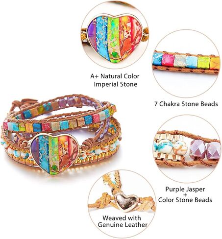Xaena Boho Chic 7 Chakra Bead Wrap Bracelets for Women - Handmade with Natural Jasper Stone, Leather, and Exquisite Thread - Perfect for Yoga, Meditation, and Everyday Wear in Kuwait