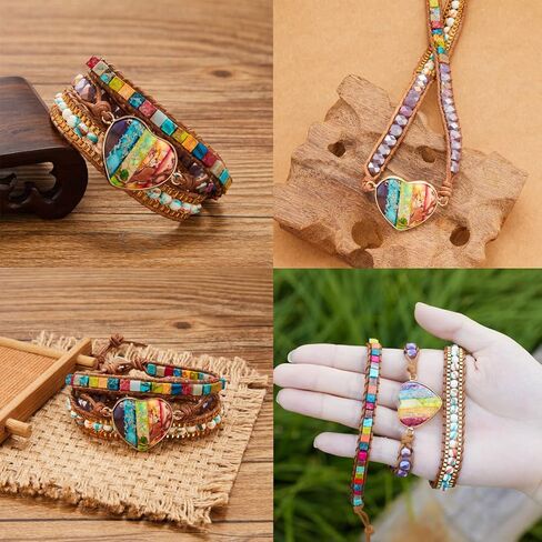 Xaena Boho Chic 7 Chakra Bead Wrap Bracelets for Women - Handmade with Natural Jasper Stone, Leather, and Exquisite Thread - Perfect for Yoga, Meditation, and Everyday Wear in Kuwait