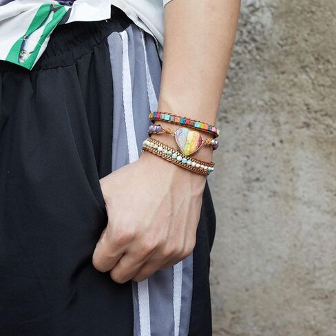 Xaena Boho Chic 7 Chakra Bead Wrap Bracelets for Women - Handmade with Natural Jasper Stone, Leather, and Exquisite Thread - Perfect for Yoga, Meditation, and Everyday Wear in Kuwait