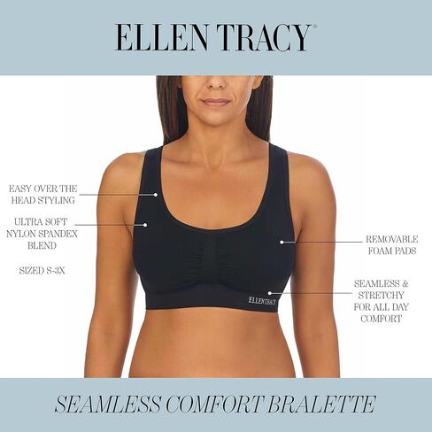 ELLEN TRACY Women's Underwear, Seamless Wirefree Bra, Bralette with Removable Pads, 2-Pack Multipack in Saudi Arabia