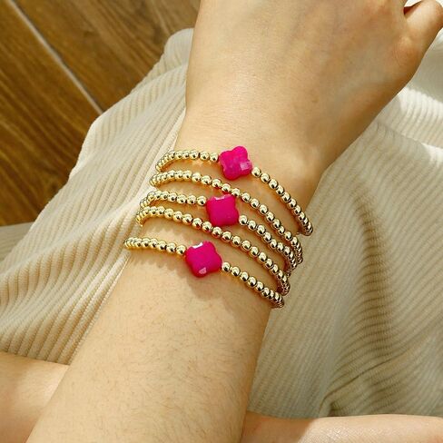 Joya Love Colorful Clover Gold Beaded Bracelets For Women Gold plated Ball Lucky Four Leaf Clover Stretch Bracelet For Women Girls Trendy Jewelry Gifts in Kuwait