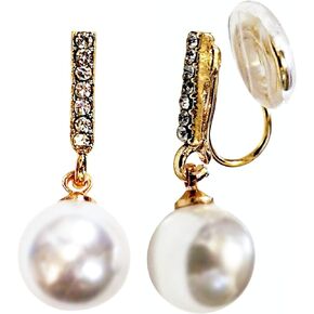 Pearl Clip On Earrings for Women Not Pierced Gold Silver Fresahwater Pearl Cubic Zirconia Crystal CZ Comfortable Coil Dangle Clip On Earrings Bridal Wedding Miyabi Grace