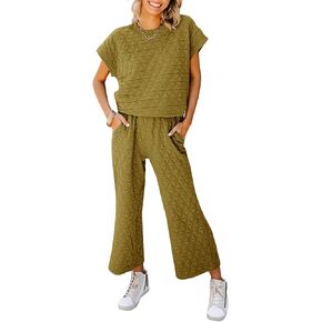 Fazortev Women's 2 Piece Outfits Quilted Lightweight Short Sleeve Tops and Cropped Pants Lounge Set