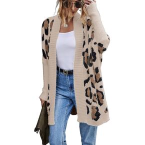Bichingda Women's Long Sleeves Open Front Casual Leopard Print Fuzzy Knitted Sweater Cardigan Coat Outwear in Saudi Arabia