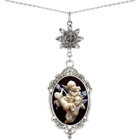 Yspace Lotus Charm Necklace Antique Decor Cameo Pendant 2 Chains Velvet Pouch for Gift in Kuwait