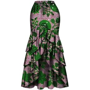 تنانير Iooiooi ذات الطباعة الأفريقية للنساء، تنورة طويلة طويلة، تنورة أنيقة بخصر عالٍ على شكل ذيل السمكة in Kuwait