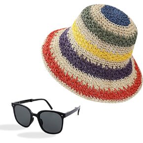 Women Foldable Wide Brim Colorful Crochet Straw Sun Hat with Sunglasses Packable Summer Beach Hat Outdoor Bucket Hat in Saudi Arabia