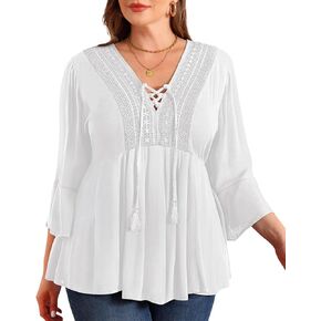 Pinup Fashion Women's Plus Size 3/4 Sleeve Tunic Lace Up V Neck Tassel Casual Peplum Tops 1X-5X