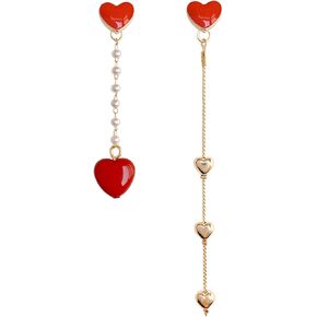 ONLYJUMP S925 Silver Red Heart Stud Earrings for Women Girl Creative Long Asymmetrical Gold Plated Love Heart Dangle Drop Chain Tassel Earrings Delicate Jewelry Valentines Day Gifts in Saudi Arabia