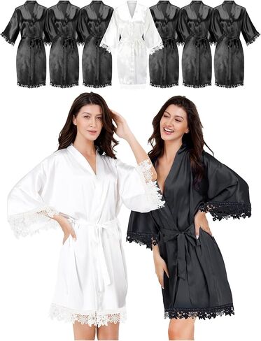 EPLAZA 7 قطعة رداء نسائي من الساتان الحريري مع دانتيل لحفلات الزفاف وحفلات العروس ووصيفة العروس رداء كيمونو للاستلقاء in Kuwait