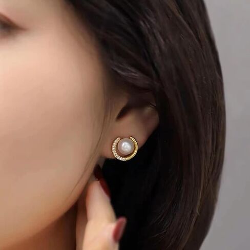 Yurielys Clip on Pearl Stud Earrings, 14K Gold Plated Cubic Zirconia Fake Piercing Button Earrings for Women Girls, Small, Pearl, Pearl in Kuwait