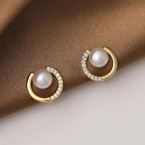 Yurielys Clip on Pearl Stud Earrings, 14K Gold Plated Cubic Zirconia Fake Piercing Button Earrings for Women Girls, Small, Pearl, Pearl in Kuwait