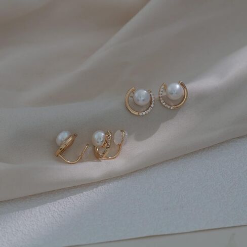 Yurielys Clip on Pearl Stud Earrings, 14K Gold Plated Cubic Zirconia Fake Piercing Button Earrings for Women Girls, Small, Pearl, Pearl in Kuwait