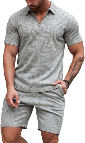 JMIERR Men's Polo Shirt and Shorts Set Soild Color Geometric Texture Casual Short Sleeve 2 Piece Outfits Sweatsuits Summer in Saudi Arabia