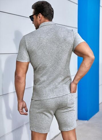 JMIERR Men's Polo Shirt and Shorts Set Soild Color Geometric Texture Casual Short Sleeve 2 Piece Outfits Sweatsuits Summer in Saudi Arabia