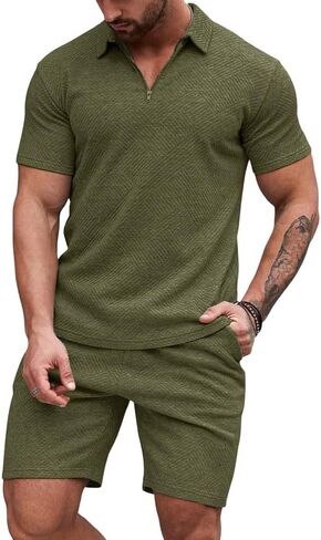 JMIERR Men's Polo Shirt and Shorts Set Soild Color Geometric Texture Casual Short Sleeve 2 Piece Outfits Sweatsuits Summer in Saudi Arabia