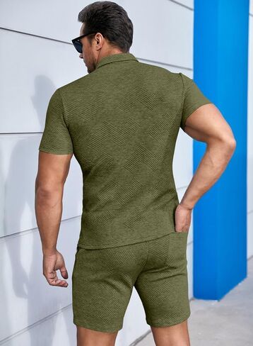 JMIERR Men's Polo Shirt and Shorts Set Soild Color Geometric Texture Casual Short Sleeve 2 Piece Outfits Sweatsuits Summer in Saudi Arabia