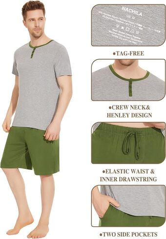 NACHILA Men's Pajamas Set-Viscose Made from Bamboo, Soft Sleepwear Short Sleeve Pjs Top with Shorts Cool Loungewear in Saudi Arabia