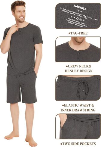 NACHILA Men's Pajamas Set-Viscose Made from Bamboo, Soft Sleepwear Short Sleeve Pjs Top with Shorts Cool Loungewear in Saudi Arabia