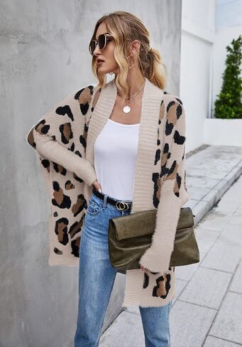 Bichingda Women's Long Sleeves Open Front Casual Leopard Print Fuzzy Knitted Sweater Cardigan Coat Outwear in Saudi Arabia
