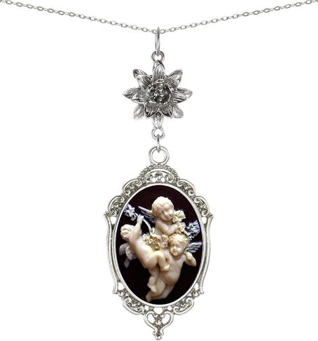 Yspace Lotus Charm Necklace Antique Decor Cameo Pendant 2 Chains Velvet Pouch for Gift in Kuwait