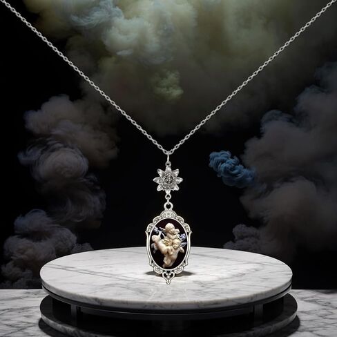 Yspace Lotus Charm Necklace Antique Decor Cameo Pendant 2 Chains Velvet Pouch for Gift in Kuwait