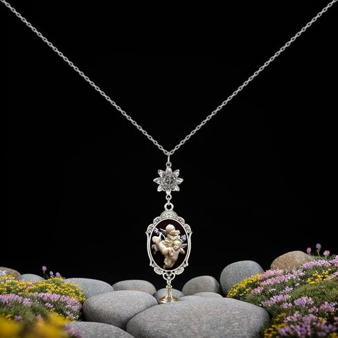 Yspace Lotus Charm Necklace Antique Decor Cameo Pendant 2 Chains Velvet Pouch for Gift in Kuwait