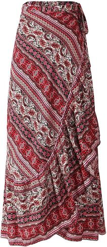 ForeMode Women Boho Print High Waist Side Wrap Bohemian Asymmetric Hem Maxi Long Skirt One Size in Saudi Arabia