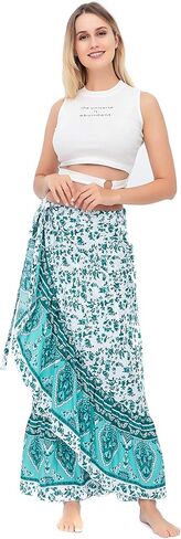 ForeMode Women Boho Print High Waist Side Wrap Bohemian Asymmetric Hem Maxi Long Skirt One Size in Saudi Arabia