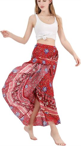 تنورة طويلة طويلة للنساء من ForMode بطباعة بوهو بخصر عالٍ والتفاف جانبي بوهيمي بحاشية غير متماثلة مقاس واحد in Kuwait