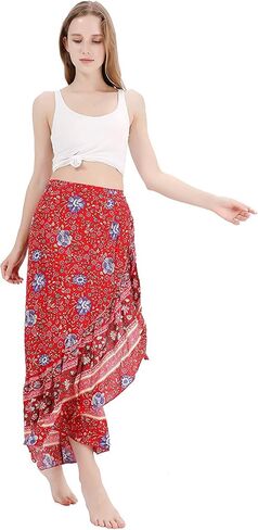 تنورة طويلة طويلة للنساء من ForMode بطباعة بوهو بخصر عالٍ والتفاف جانبي بوهيمي بحاشية غير متماثلة مقاس واحد in Kuwait