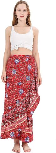 تنورة طويلة طويلة للنساء من ForMode بطباعة بوهو بخصر عالٍ والتفاف جانبي بوهيمي بحاشية غير متماثلة مقاس واحد in Kuwait