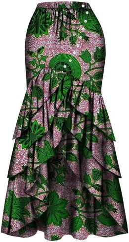 تنانير Iooiooi ذات الطباعة الأفريقية للنساء، تنورة طويلة طويلة، تنورة أنيقة بخصر عالٍ على شكل ذيل السمكة in Kuwait