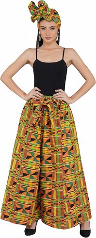 Women's Long High Waist Maxi Cotton African Afrocentric Skirt Ankara Print, Matching Headwrap, 2 Deep Pockets,Elastic Waist in Saudi Arabia