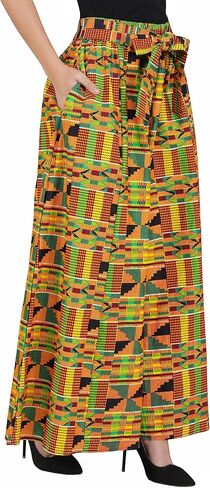 Women's Long High Waist Maxi Cotton African Afrocentric Skirt Ankara Print, Matching Headwrap, 2 Deep Pockets,Elastic Waist in Saudi Arabia