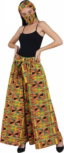 Women's Long High Waist Maxi Cotton African Afrocentric Skirt Ankara Print, Matching Headwrap, 2 Deep Pockets,Elastic Waist in Saudi Arabia