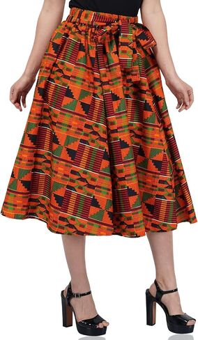 Women's Long High Waist Maxi Cotton African Afrocentric Skirt Ankara Print, Matching Headwrap, 2 Deep Pockets,Elastic Waist in Saudi Arabia
