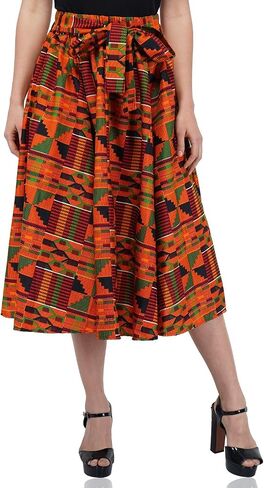 Women's Long High Waist Maxi Cotton African Afrocentric Skirt Ankara Print, Matching Headwrap, 2 Deep Pockets,Elastic Waist in Saudi Arabia