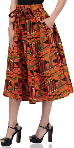 Women's Long High Waist Maxi Cotton African Afrocentric Skirt Ankara Print, Matching Headwrap, 2 Deep Pockets,Elastic Waist in Saudi Arabia