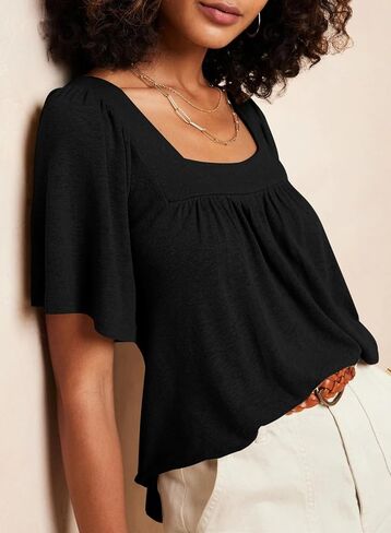 EVALESS Womens Fashion Square Neck Tops Trendy Short Sleeve Shirts Pleated Tee Knit Clothes Basic Clothing Loose Fit T Shirts in Saudi Arabia