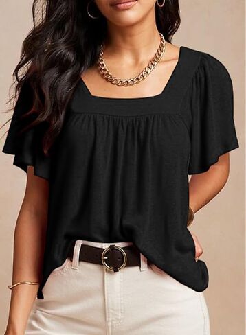 EVALESS Womens Fashion Square Neck Tops Trendy Short Sleeve Shirts Pleated Tee Knit Clothes Basic Clothing Loose Fit T Shirts in Saudi Arabia