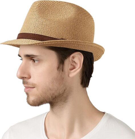 Lanzom الرجال النساء فيدورا القش قبعة الشمس قابلة للطي نشمر حافة قصيرة تريلبي قبعة الصيف قبعة الشاطئ in Kuwait