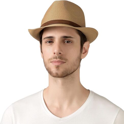 Lanzom الرجال النساء فيدورا القش قبعة الشمس قابلة للطي نشمر حافة قصيرة تريلبي قبعة الصيف قبعة الشاطئ in Kuwait